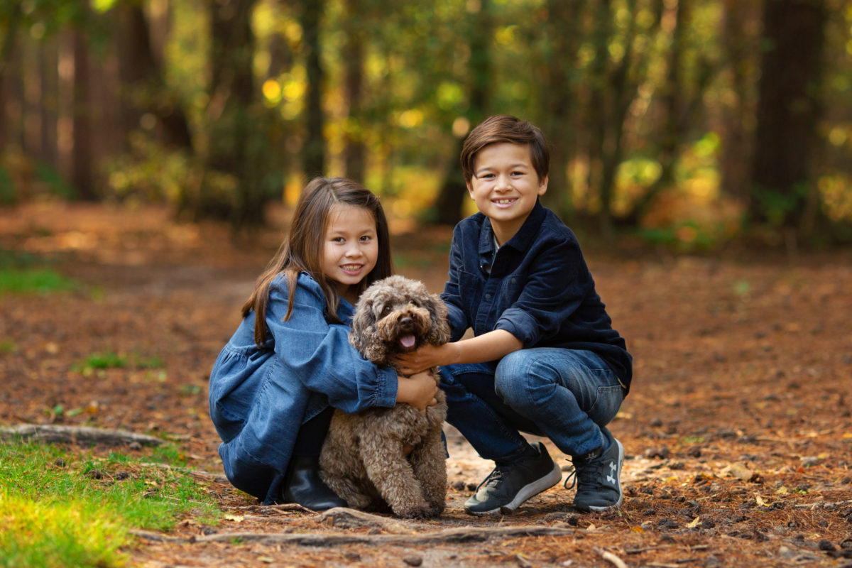 Brother and sister with their dog on a family photoshoot in Woking